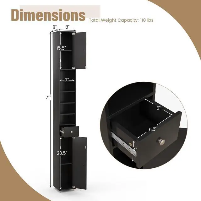 Alt view image 5 of 7 - Freestanding Slim Bathroom Cabinet with Drawer and Adjustable Shelves