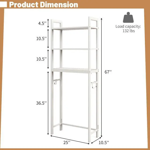 Alt view image 5 of 7 - Over-The-Toilet Storage Shelf Space Saving Metal Bathroom Organizer Hooks