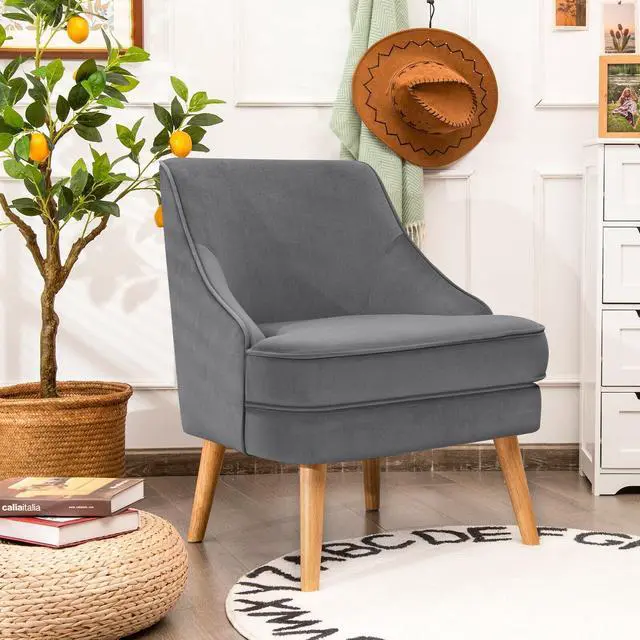 Alt view image 3 of 7 - Mid Century Velvet Accent Chair with Rubber Wood Legs for Bedroom