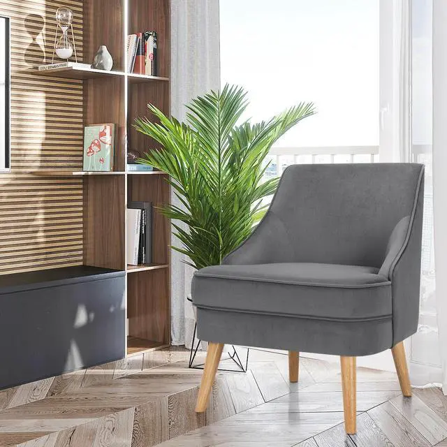 Alt view image 4 of 7 - Mid Century Velvet Accent Chair with Rubber Wood Legs for Bedroom