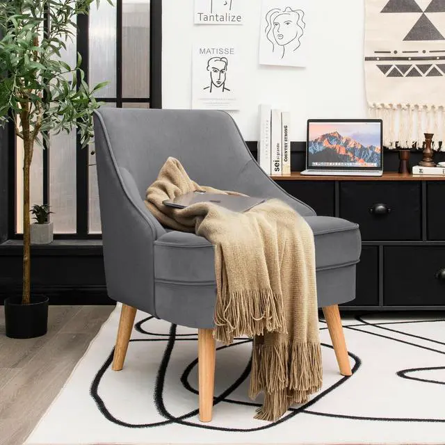 Alt view image 6 of 7 - Mid Century Velvet Accent Chair with Rubber Wood Legs for Bedroom