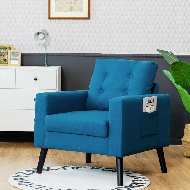 Alt view image 3 of 7 - Mid-Century Upholstered Armchair Club Chair with Rubber Wood Legs
