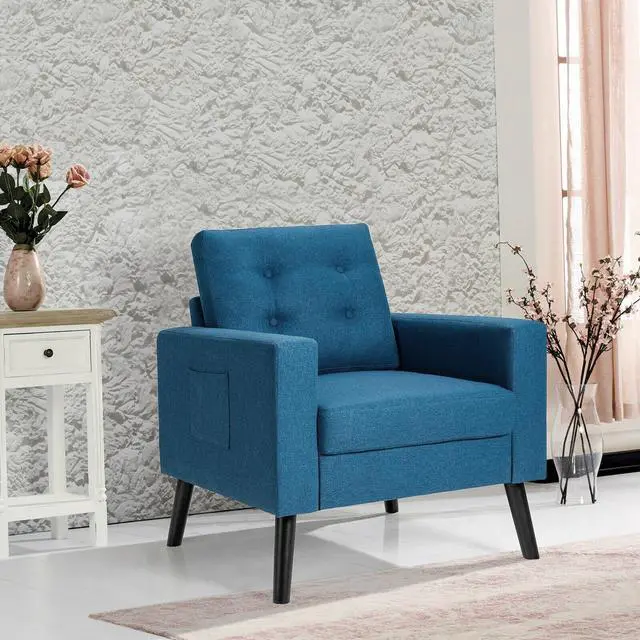 Alt view image 4 of 7 - Mid-Century Upholstered Armchair Club Chair with Rubber Wood Legs