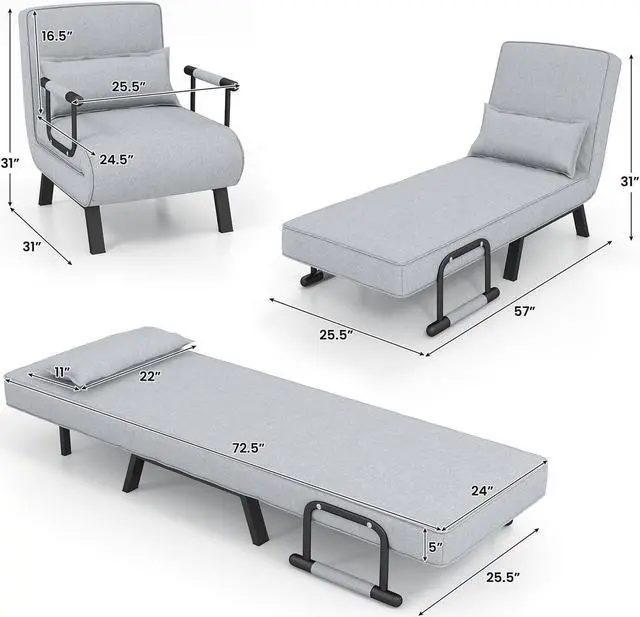 Alt view image 5 of 7 - Folding 6 Position Convertible Sleeper Bed Armchair Lounge Couch with Pillow