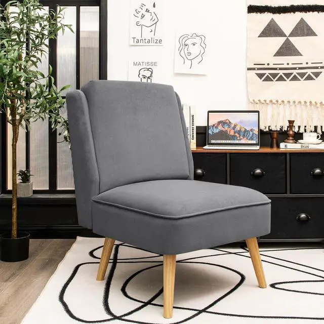 Alt view image 4 of 7 - Velvet Accent Arm less Side Chair with Rubber Wood Legs for Bedroom