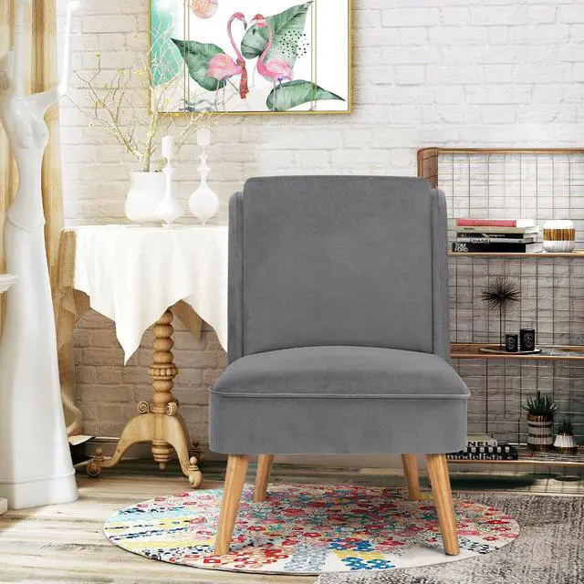 Alt view image 6 of 7 - Velvet Accent Arm less Side Chair with Rubber Wood Legs for Bedroom