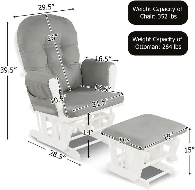 Alt view image 2 of 7 - Wood Glider and Ottoman Set with Padded Armrests and Detachable Cushion