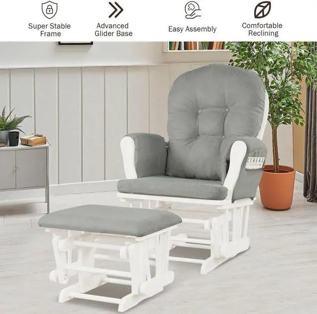 Alt view image 3 of 7 - Wood Glider and Ottoman Set with Padded Armrests and Detachable Cushion
