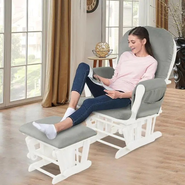 Alt view image 4 of 7 - Wood Glider and Ottoman Set with Padded Armrests and Detachable Cushion