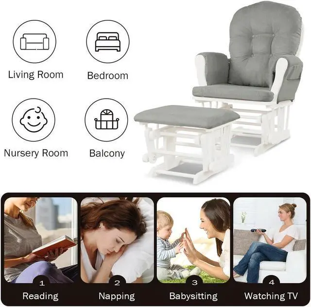 Alt view image 5 of 7 - Wood Glider and Ottoman Set with Padded Armrests and Detachable Cushion