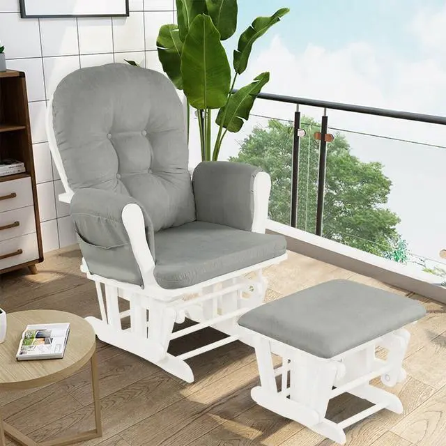 Alt view image 6 of 7 - Wood Glider and Ottoman Set with Padded Armrests and Detachable Cushion