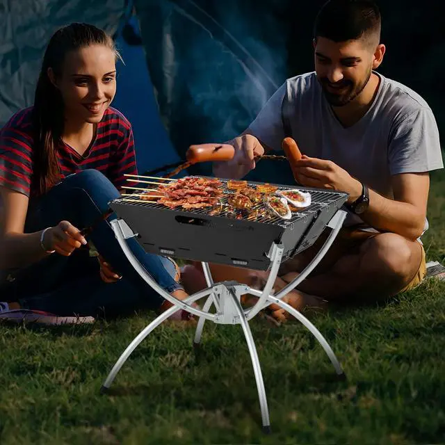 Alt view image 4 of 7 - 3-in-1 Camping Campfire Grill with Stainless Steel Grills Carrying Bag & Gloves