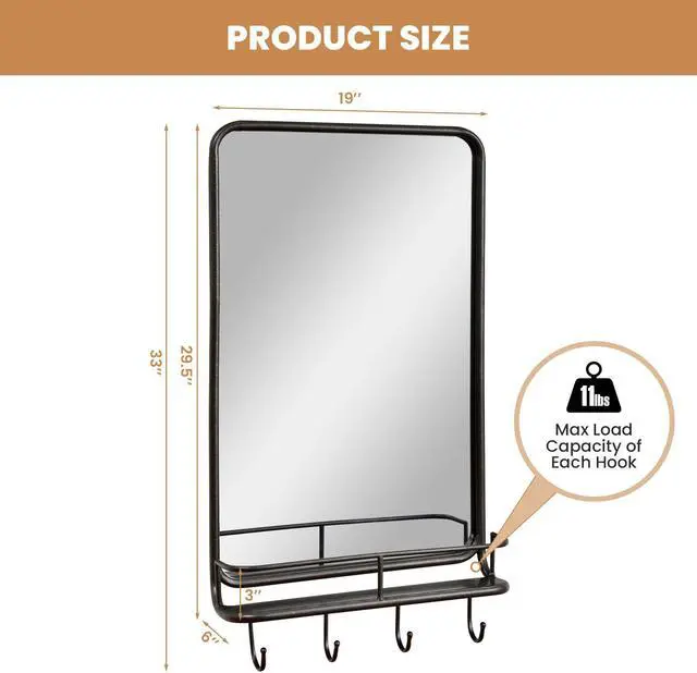 Alt view image 3 of 7 - Wall Bathroom Mirror with Shelf Hooks Sturdy Metal Frame for Bedroom Living Room