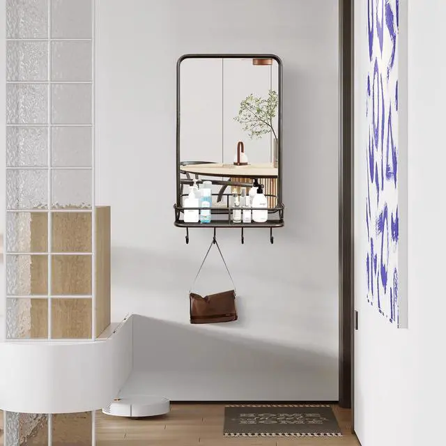 Alt view image 2 of 7 - Wall Bathroom Mirror with Shelf Hooks Sturdy Metal Frame for Bedroom Living Room