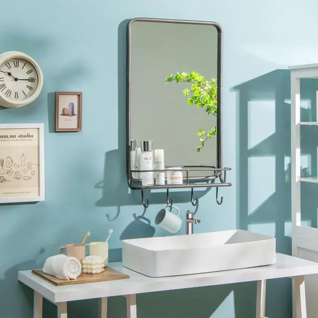 Alt view image 5 of 7 - Wall Bathroom Mirror with Shelf Hooks Sturdy Metal Frame for Bedroom Living Room