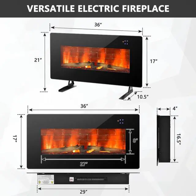 Alt view image 2 of 7 - SlickBlue 36 Inch Electric Wall Mounted Freestanding Fireplace with Remote Control-Black