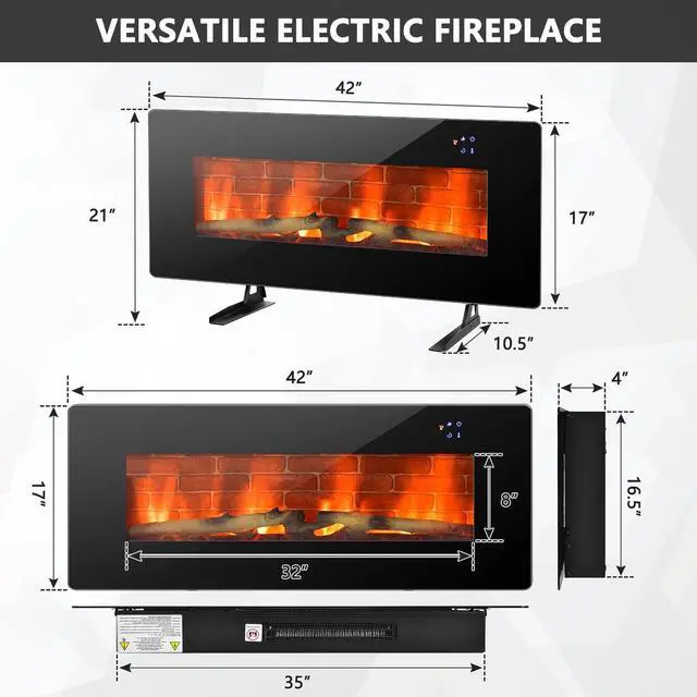 Alt view image 3 of 7 - SlickBlue 42 Inch Electric Wall Mounted Freestanding Fireplace with Remote Control-Black