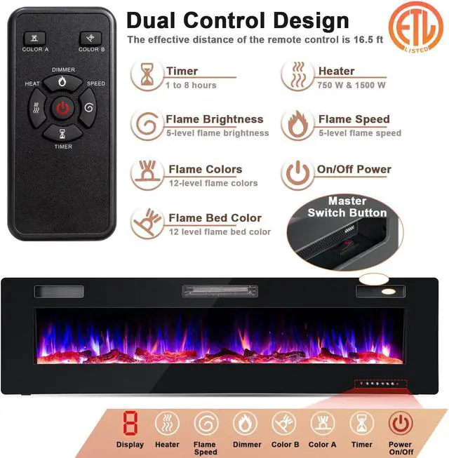 Alt view image 6 of 7 - SlickBlue 68 Inch Ultra-Thin Electric Fireplace Recessed Wall Mounted with Crystal Log Decoration