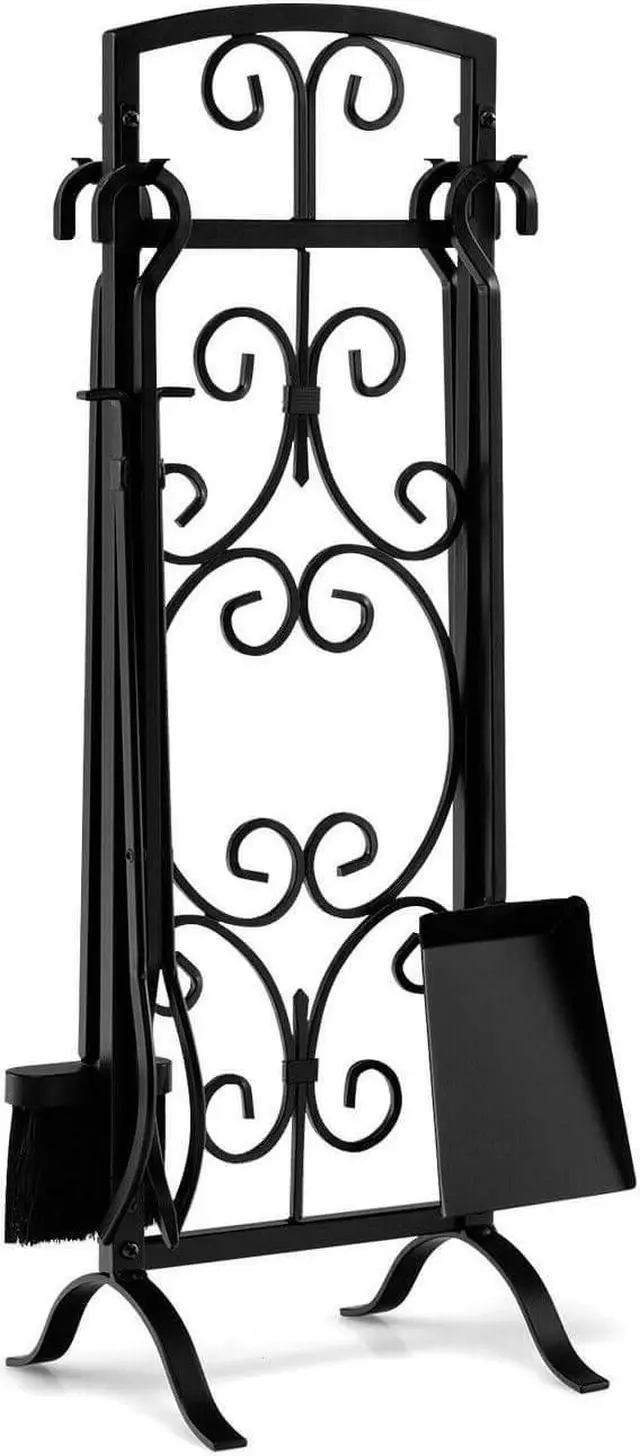 Alt view image 2 of 7 - SlickBlue 5 Piece Wrought Iron Fireplace Tools with Decor Holder-Black