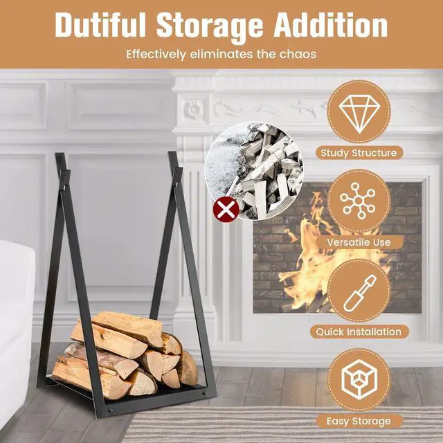 Alt view image 3 of 7 - SlickBlue Triangle Firewood Rack with Raised Base for Fireplace Fire Pit-Black