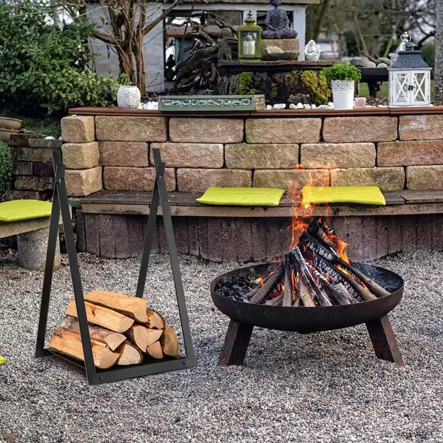 Alt view image 2 of 7 - SlickBlue Triangle Firewood Rack with Raised Base for Fireplace Fire Pit-Black
