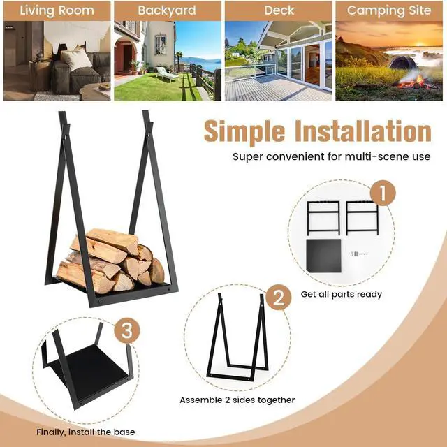Alt view image 6 of 7 - SlickBlue Triangle Firewood Rack with Raised Base for Fireplace Fire Pit-Black