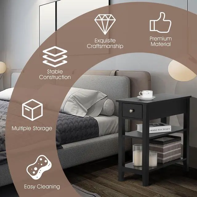 Alt view image 7 of 7 - SlickBlue 3-Tier Nightstand Bedside Table Sofa Side with Double Shelves Drawer