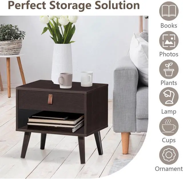 Alt view image 2 of 7 - SlickBlue Nightstand Bedroom Table with Drawer Storage Shelf-Brown