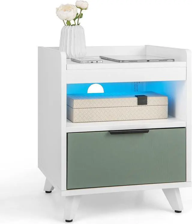 Main image of SlickBlue Modern Nightstand with LED Lights Sliding Drawer and Open Compartment-White