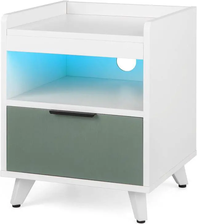 Alt view image 3 of 7 - SlickBlue Modern Nightstand with LED Lights Sliding Drawer and Open Compartment-White