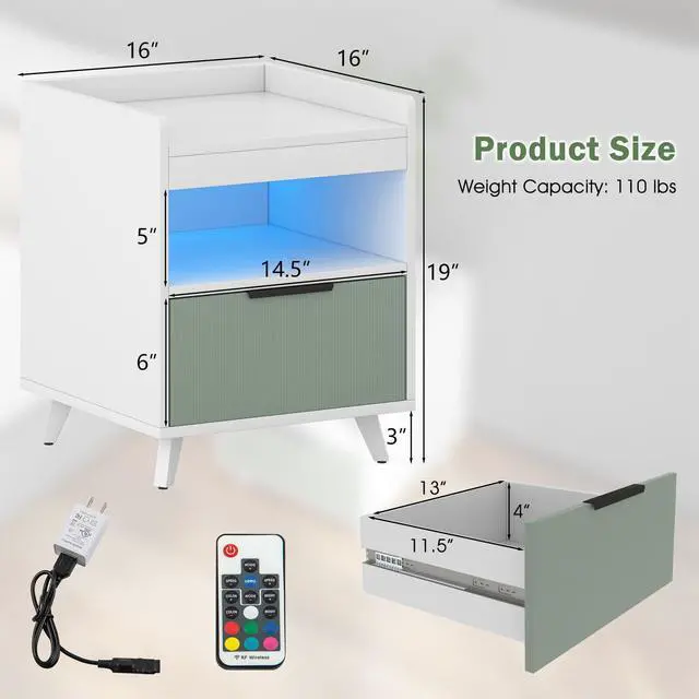 Alt view image 5 of 7 - SlickBlue Modern Nightstand with LED Lights Sliding Drawer and Open Compartment-White