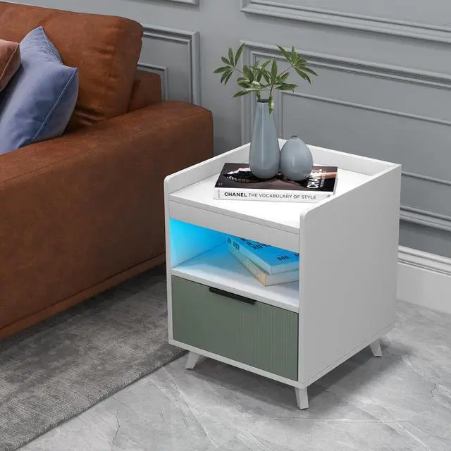 Alt view image 2 of 7 - SlickBlue Modern Nightstand with LED Lights Sliding Drawer and Open Compartment-White