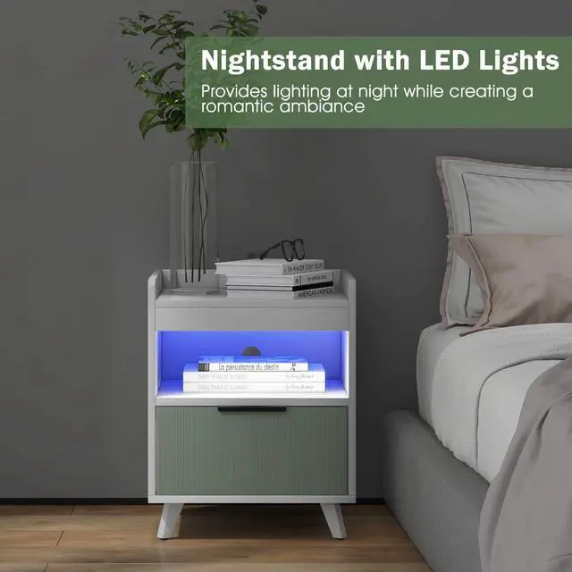 Alt view image 6 of 7 - SlickBlue Modern Nightstand with LED Lights Sliding Drawer and Open Compartment-White