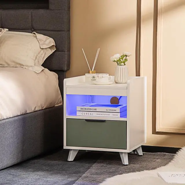Alt view image 4 of 7 - SlickBlue Modern Nightstand with LED Lights Sliding Drawer and Open Compartment-White