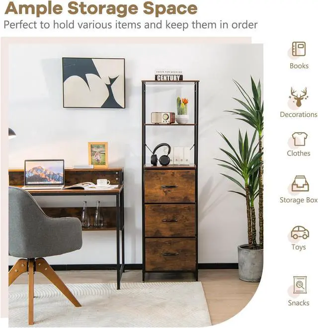 Alt view image 3 of 7 - SlickBlue Freestanding Vertical 3 Drawer Dresser with 3 Shelves-Rustic Brown