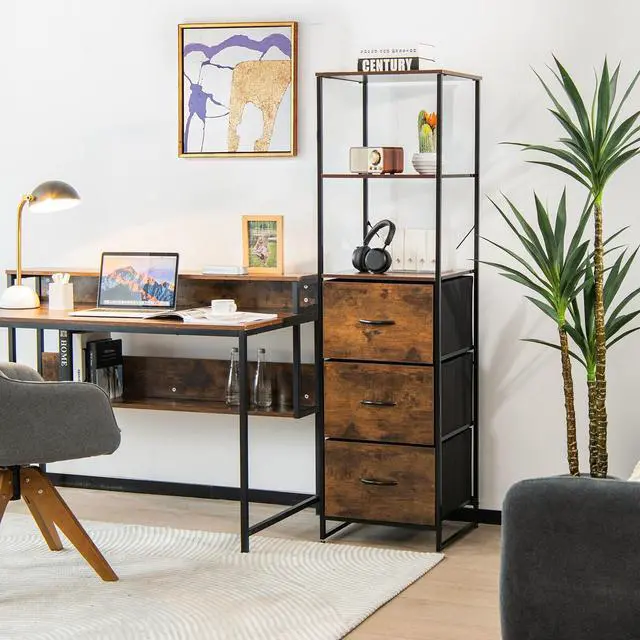 Alt view image 2 of 7 - SlickBlue Freestanding Vertical 3 Drawer Dresser with 3 Shelves-Rustic Brown