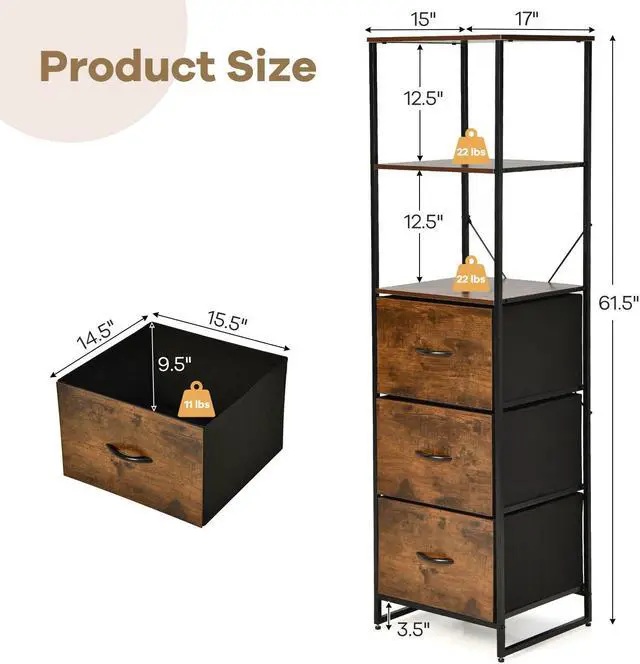 Alt view image 5 of 7 - SlickBlue Freestanding Vertical 3 Drawer Dresser with 3 Shelves-Rustic Brown