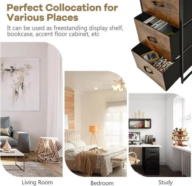 Alt view image 6 of 7 - SlickBlue Freestanding Vertical 3 Drawer Dresser with 3 Shelves-Rustic Brown