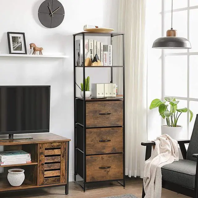 Alt view image 7 of 7 - SlickBlue Freestanding Vertical 3 Drawer Dresser with 3 Shelves-Rustic Brown