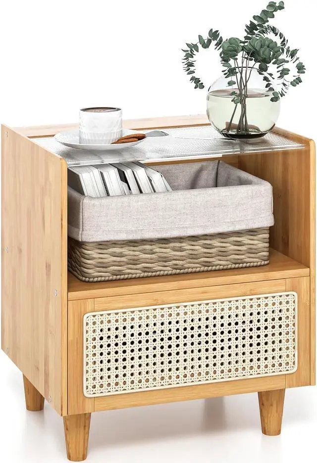 Alt view image 2 of 7 - SlickBlue 2 Pieces Bamboo Rattan Nightstand with Drawer and Solid Wood Legs
