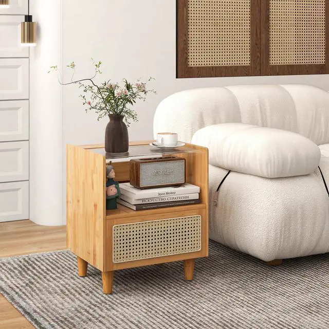 Alt view image 4 of 7 - SlickBlue 2 Pieces Bamboo Rattan Nightstand with Drawer and Solid Wood Legs