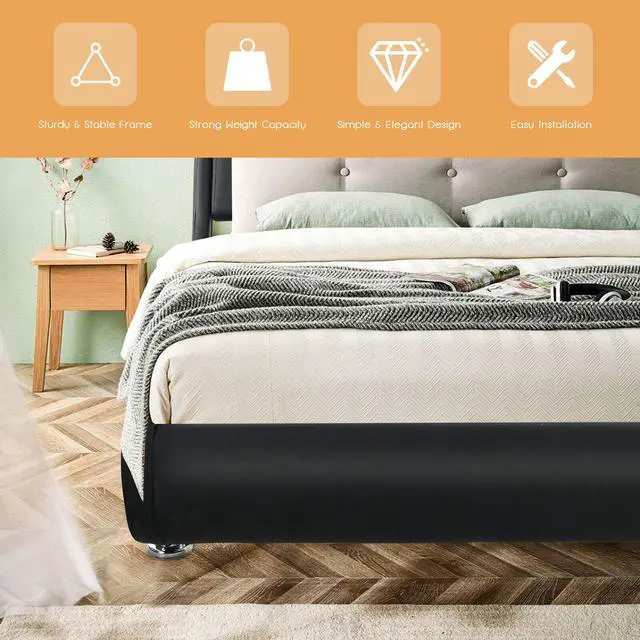 Alt view image 4 of 7 - SlickBlue Full Size Faux Leather Upholstered Platform Bed Adjustable Headboard-Black