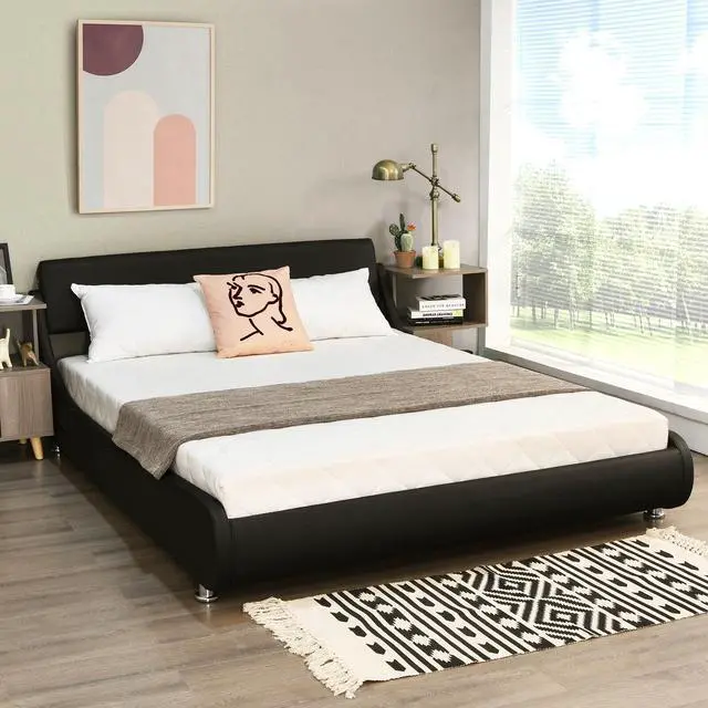 Alt view image 2 of 7 - SlickBlue Full Size Faux Leather Upholstered Platform Bed Adjustable Headboard-Black