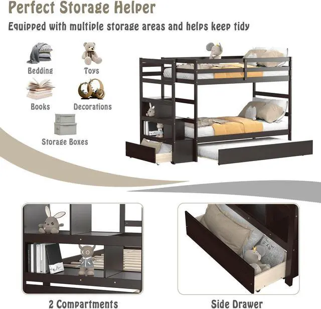 Alt view image 5 of 7 - SlickBlue Twin Over Twin Bunk Bed with Storage Shelf and Drawer