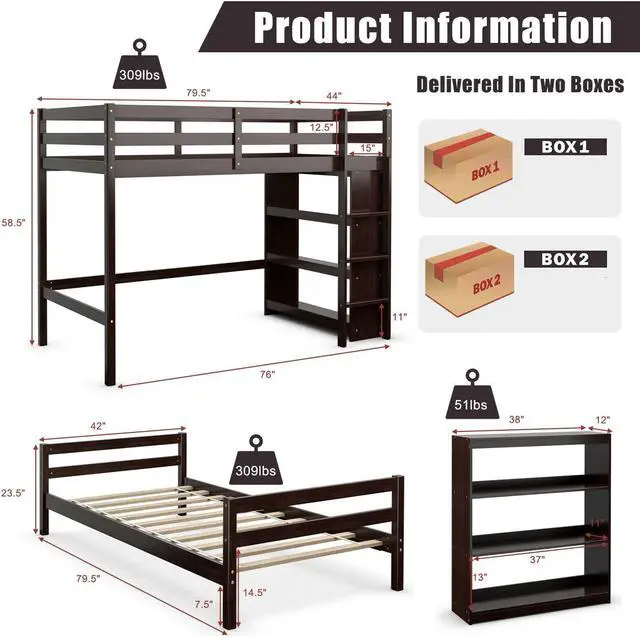 Alt view image 5 of 7 - SlickBlue Twin Over Twin Loft Bunk Bed with Bookcase