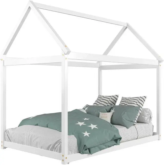 Alt view image 2 of 7 - SlickBlue Stable Kids Platform Floor Bed with Roof and Heavy-Duty Slats