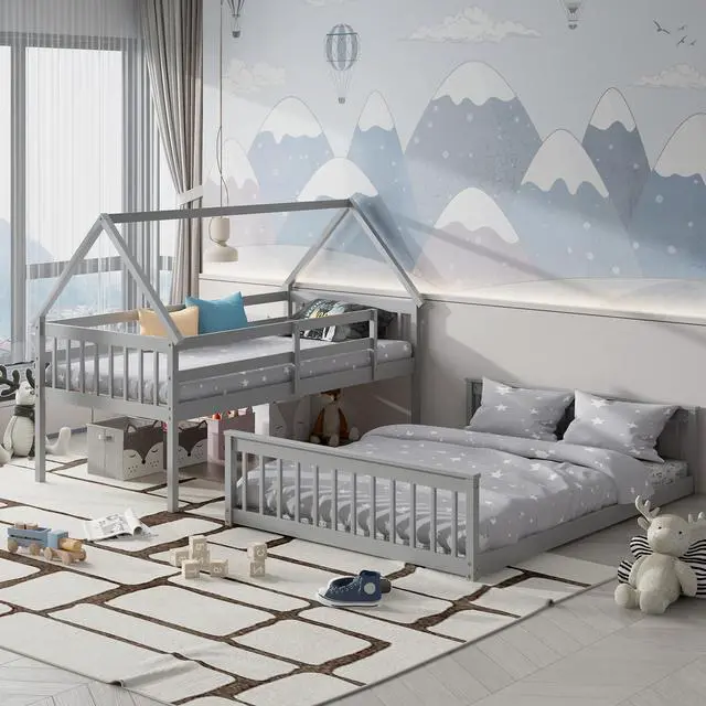 Alt view image 3 of 7 - Twin Over Full House Bunk Bed with Ladder and Guardrails-Gray