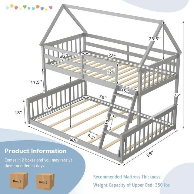 Alt view image 5 of 7 - Twin Over Full House Bunk Bed with Ladder and Guardrails-Gray