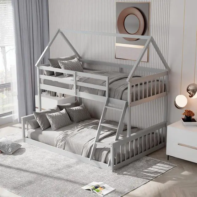 Alt view image 6 of 7 - Twin Over Full House Bunk Bed with Ladder and Guardrails-Gray