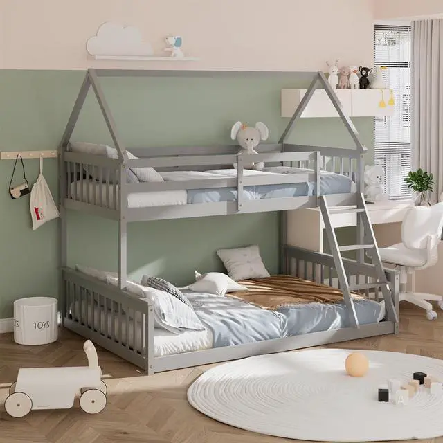 Alt view image 4 of 7 - Twin Over Full House Bunk Bed with Ladder and Guardrails-Gray